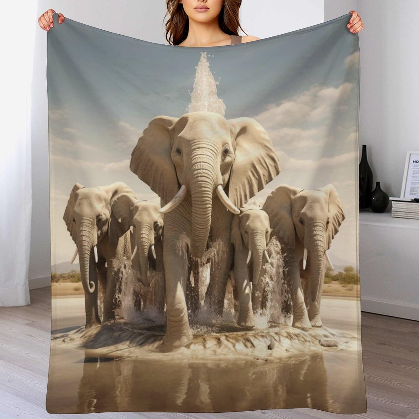 Couverture moelleuse éléphants en polaire flannel douce pour canapé 100x130cm