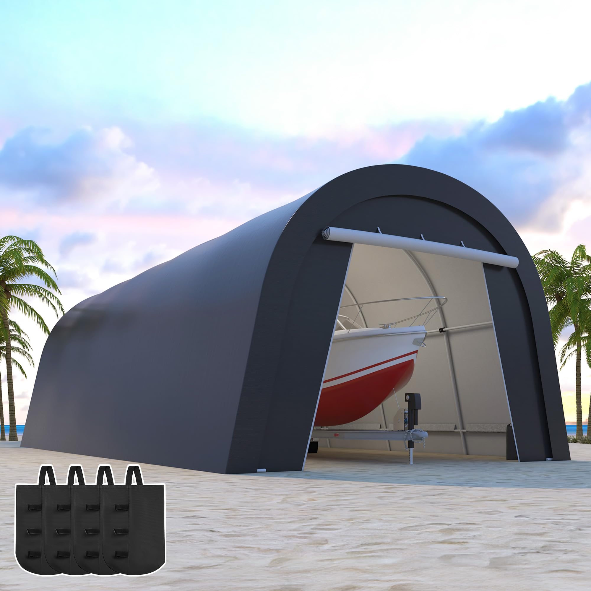 Heavy Duty Carport with 4 Cloth Bags, All-Weather Car Canopy with 2 Roll-up Doors, Portable Garage Storage Shelter Shed for Boat, Truck, or Garden Tools, 12' x 25'