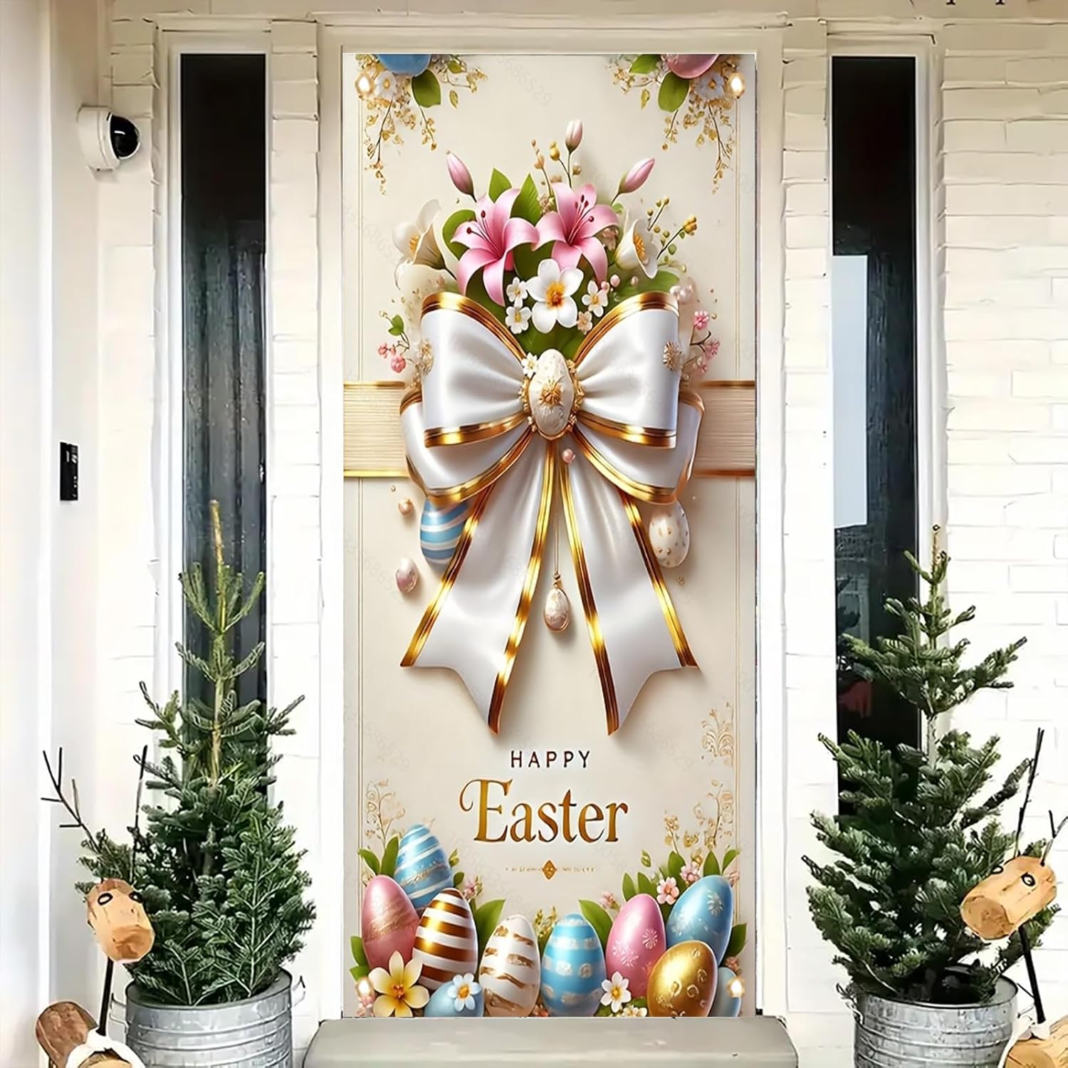 Elegant Easter Door Cover Banner 71 x 35 Inch White Bow and Floral Egg Decoration for Front Door Indoor Outdoor Spring Holiday Party Decor image 4