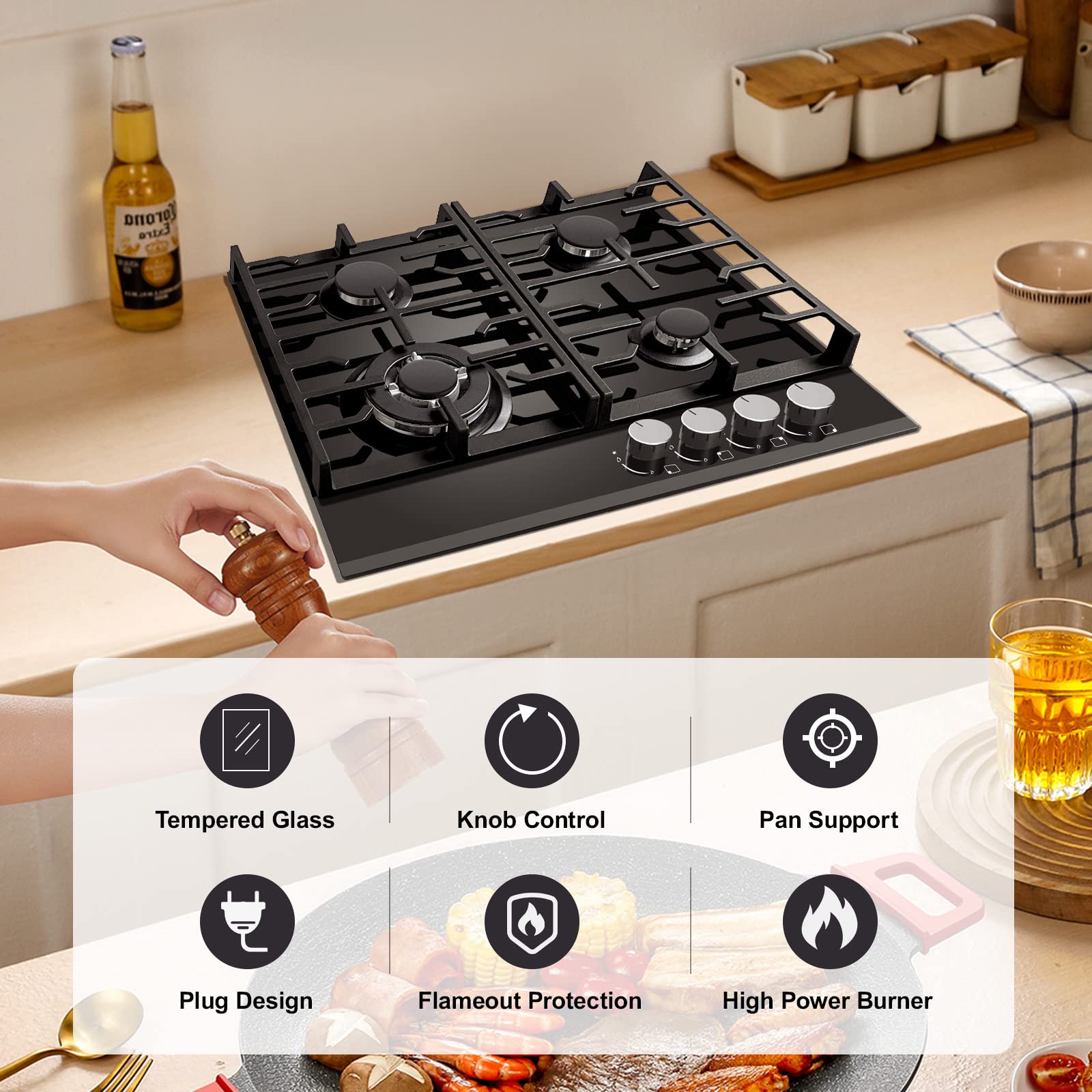 TopStrong Cocina de gas de 4 fuegos, placa negra de 60 cm, hornillos de gas de 4 fuegos, vidrio templado, soportes de hierro fundido, natural/propano