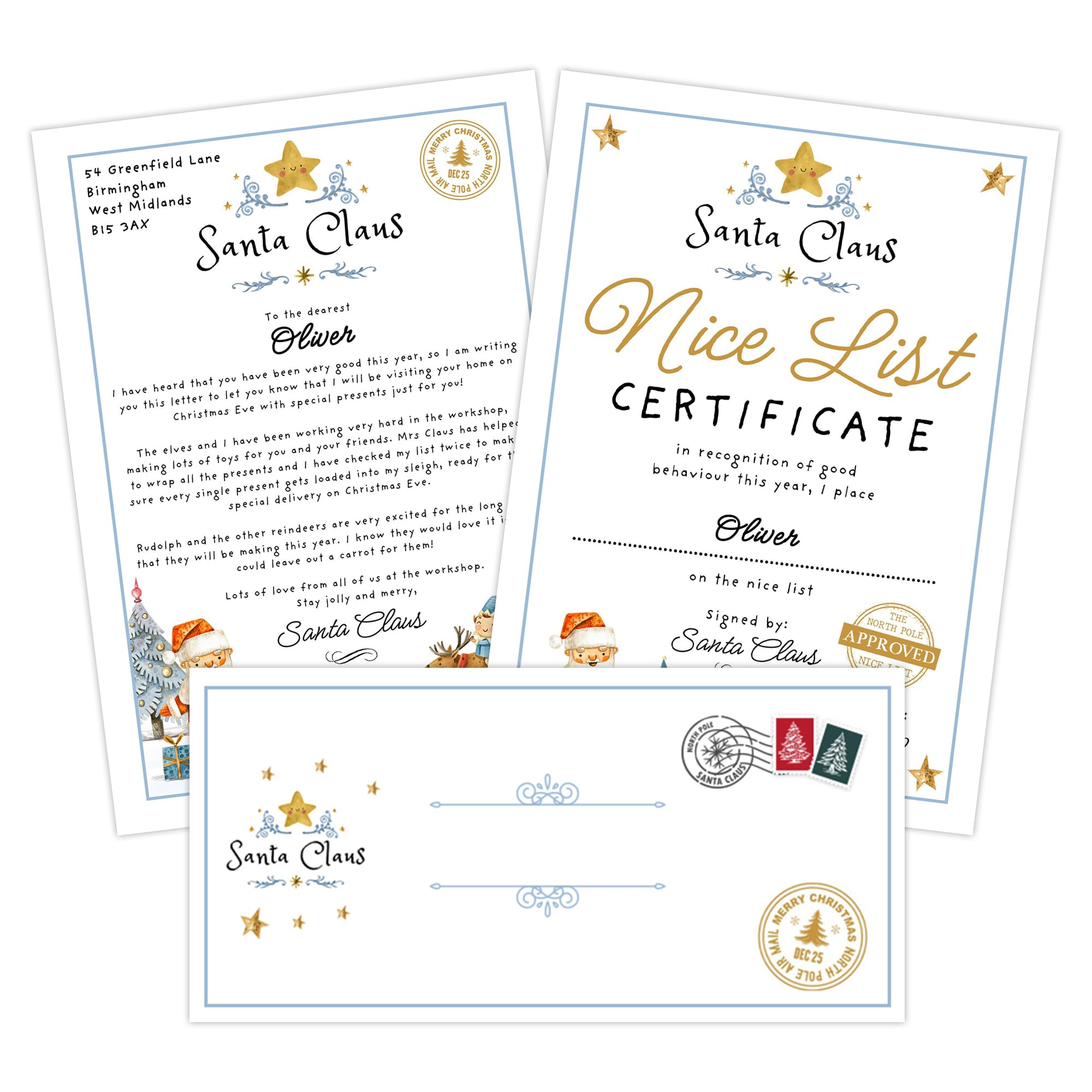 Print Maniacs Personalised Letter From Father Christmas Santa Bundle,Choose your skin tone/Nice List Certificate/Gold Metal Badge Nice List/Santa Letter
