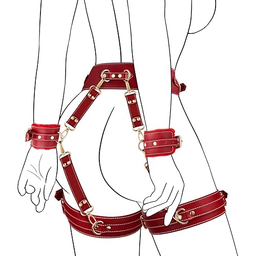 UTIMI Sex Bondage BDSM Kit Restraints 6PCS Sets with Adjustable Handcuffs Ankle Cuff Thigh Cuffs Blindfold Cross Strap Waist Strap Adult SM Games Sex Toys for Men Women and Couples - Red