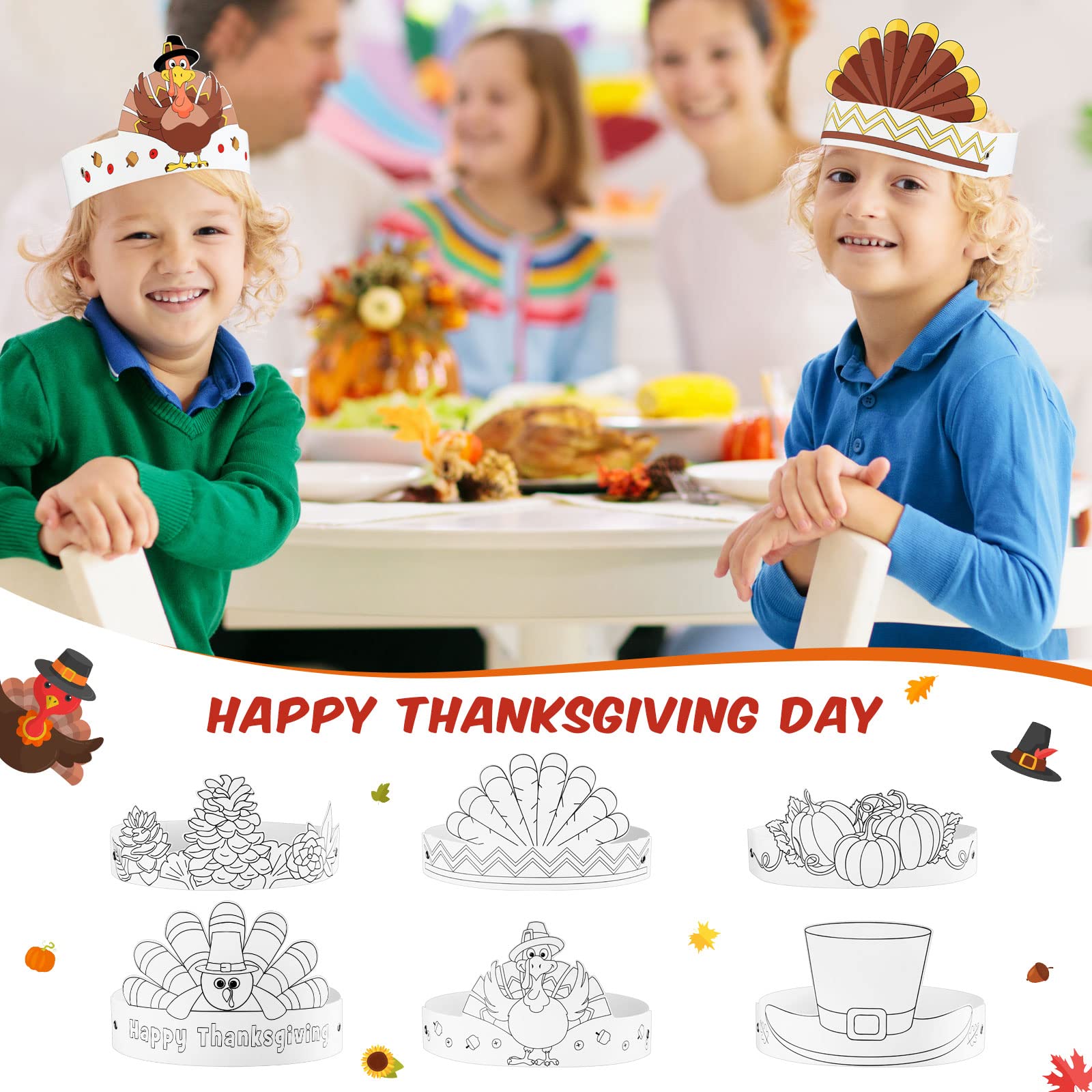 Thanksgiving Color Your Own Hats - 24pcs Turkey & Scarecrow Crowns For Kids Classroom Activities