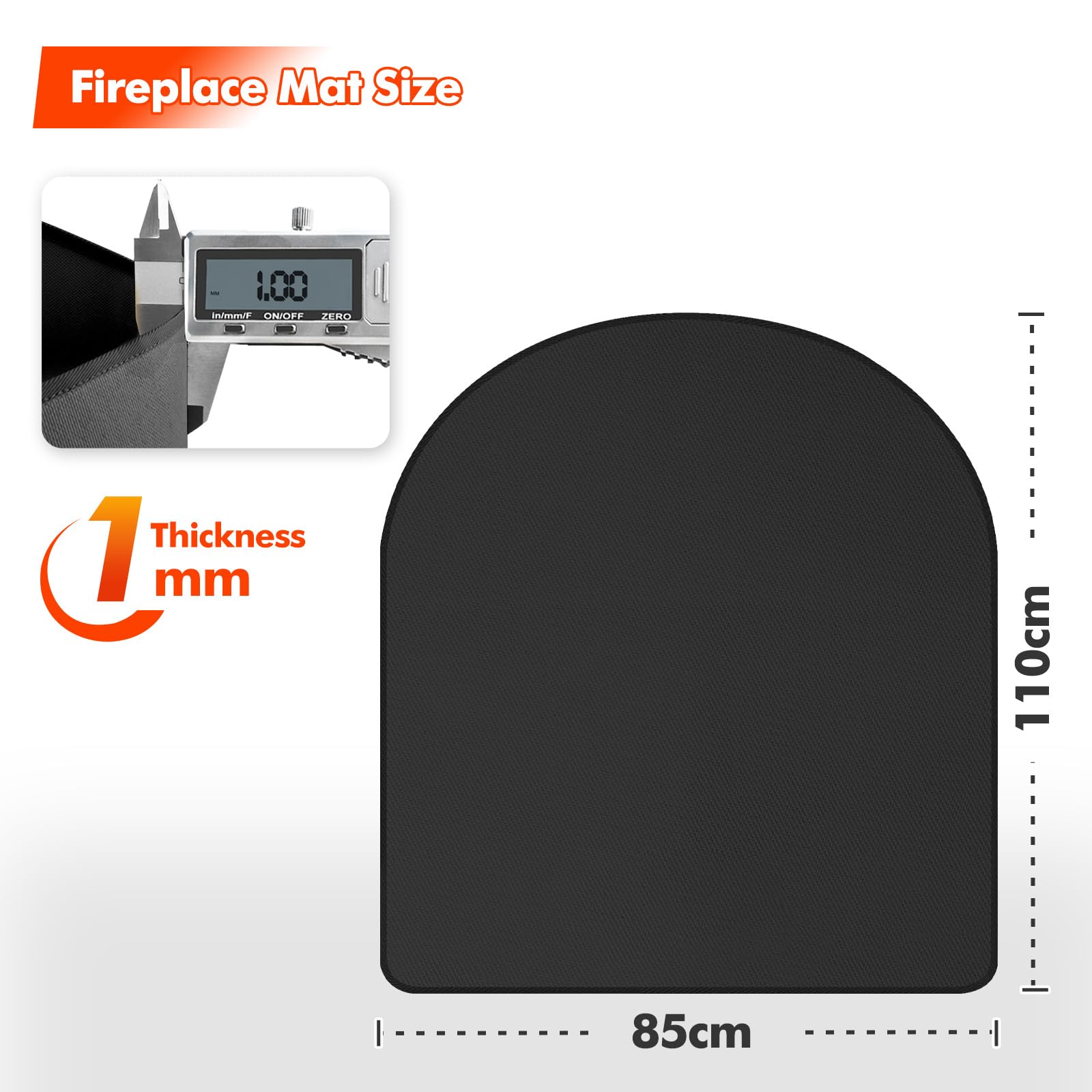Tapis de cheminée rond résistant au feu Noir 110 x 85 x 0,1 cm | Tapis ignifuge 1000 °C pour brûleur à bûches, tapis de protection contre les étincelles, facile à nettoyer, polyvalent