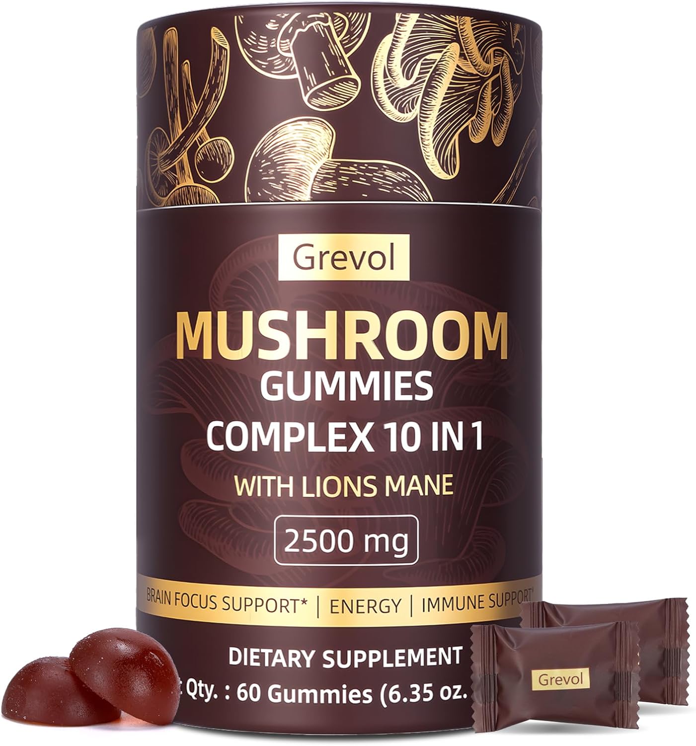 Mushroom Gummies with Lion’s Mane – Reishi, Chaga, Cordyceps – Individually Wrapped – Mushroom Complex Supplement for Adult – 60 Counts