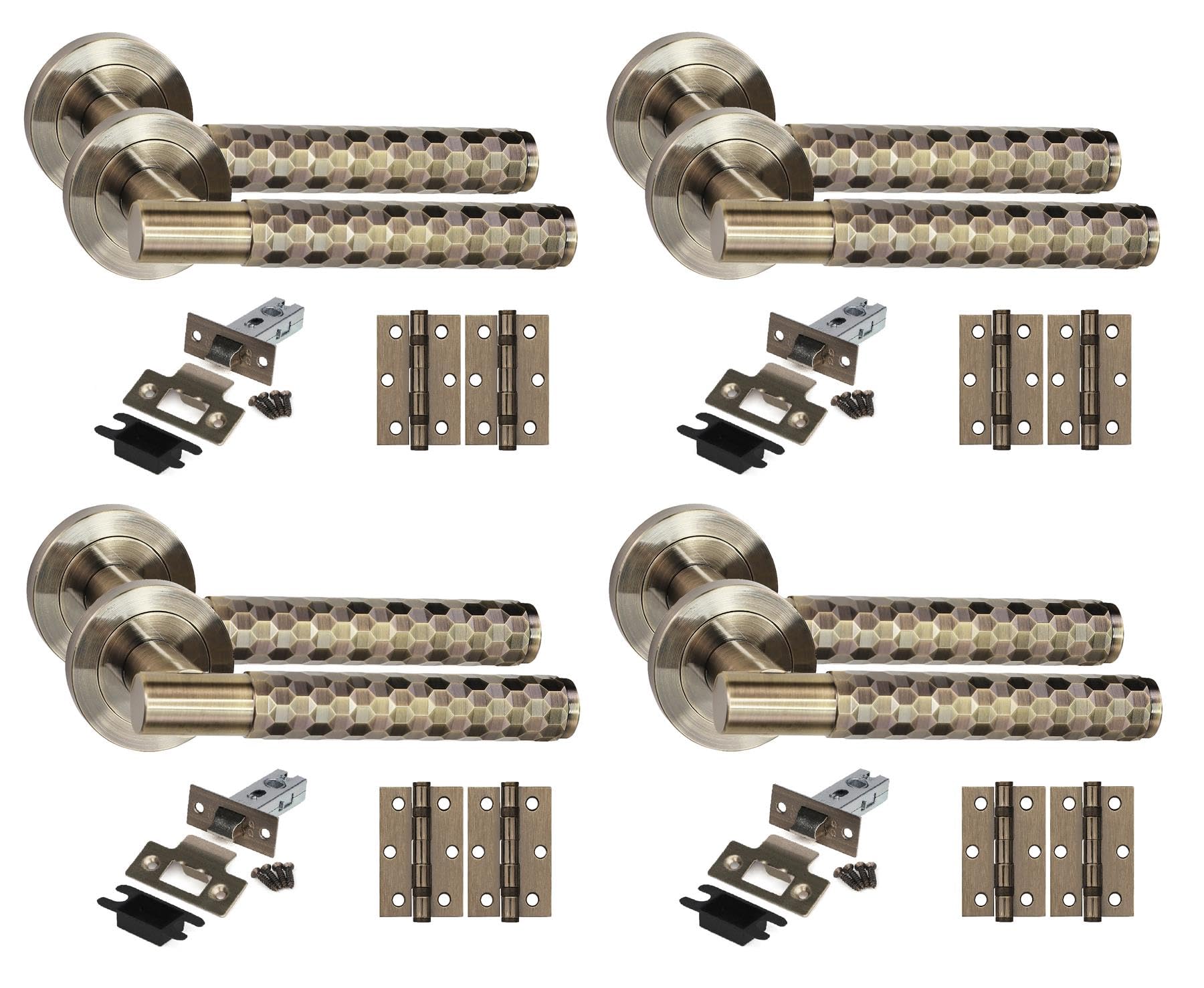 Golden Grace 4 Set Knurled Hex Cut T-Bar Door Handles with Latch and Ball Bearing Hinges Antique Brass Finish