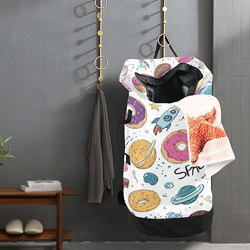 Vista 69 de Mochila de lavandería con correas ajustables para el hombro, bolsa de lavandería sucia para viajes, campamento, universidad, resistente, Rosa floral