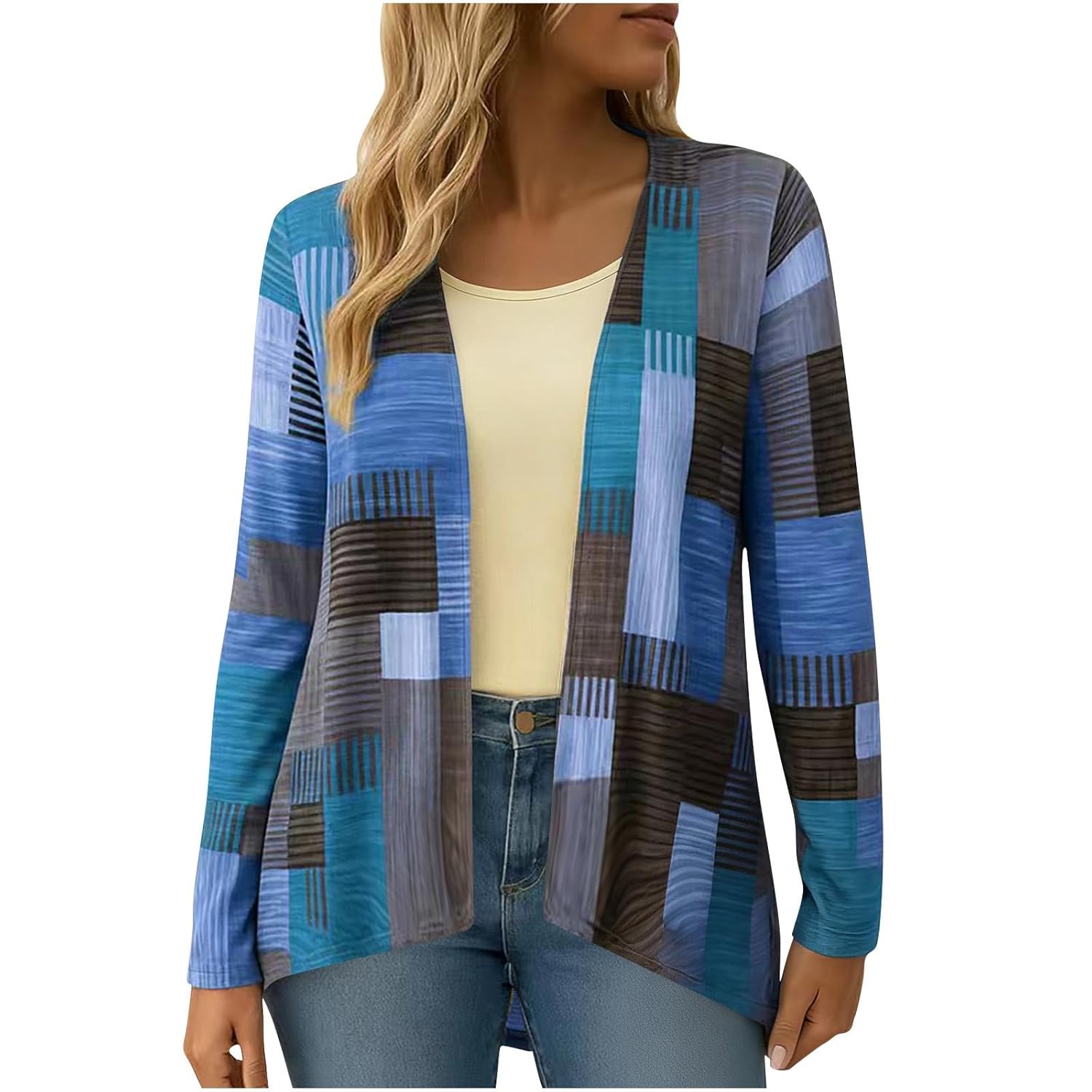 Womens Fashion Color Block Shirts Casual Open Front Cardigan Lightweight Comfort Lounge Beach Tops