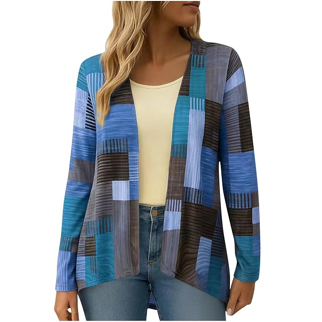 Womens Fashion Color Block Shirts Casual Open Front Cardigan Lightweight Comfort Lounge Beach Tops