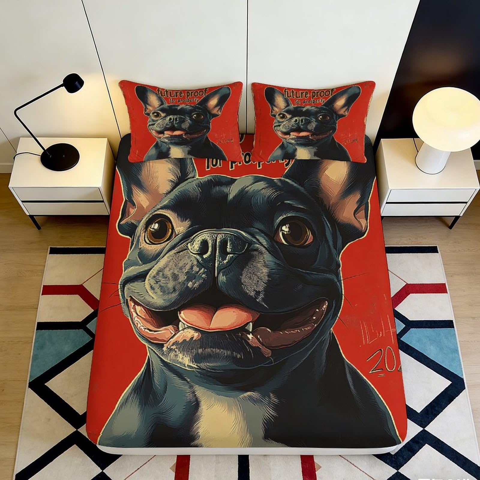 3D Printed French Bulldog Fitted Sheet Microfiber Anti-Slip Mattress Cover Cartoon Dog Art for Bedroom Dorm Decor 140x200x25cm