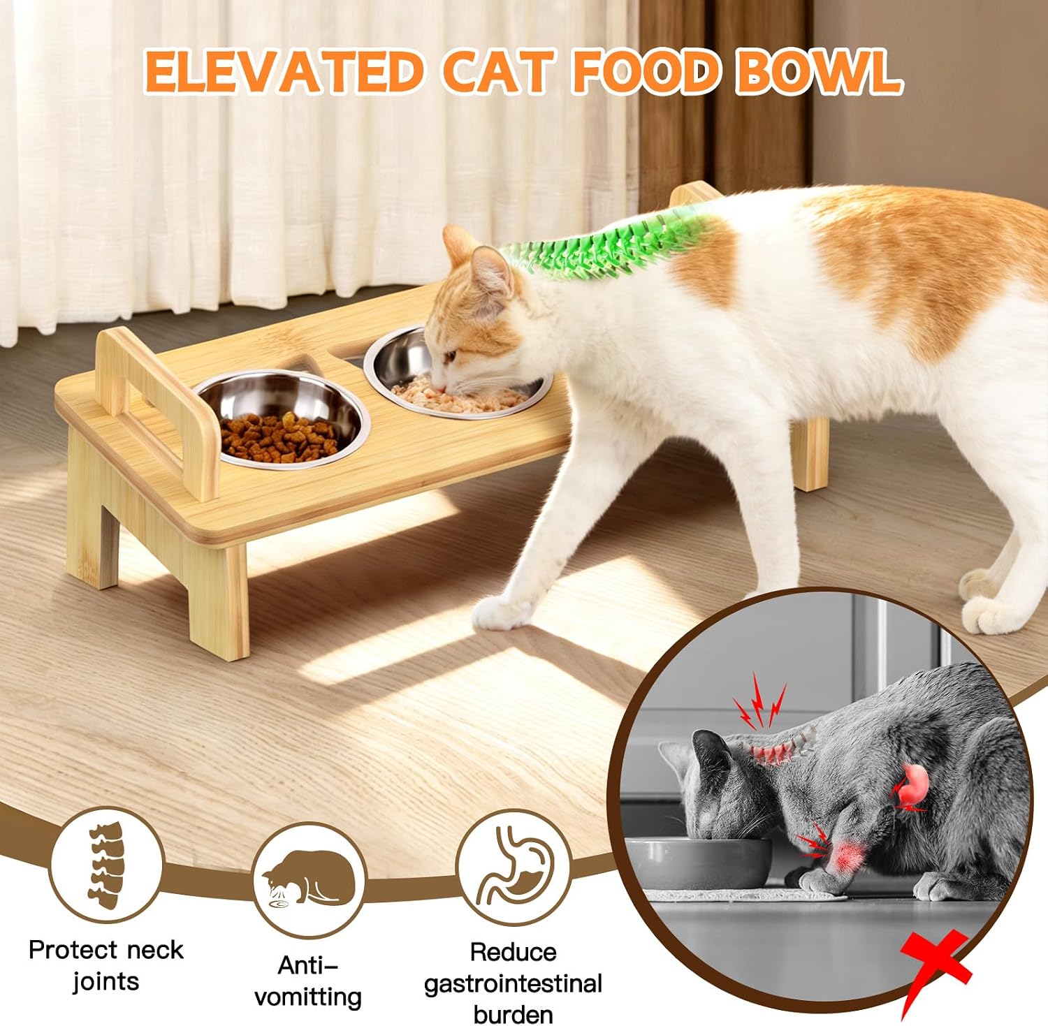 Bamboo Elevated Cat Bowls 3 Stainless Steel Raised Bowls with Stand Tilted Feeding Station for Cats and Puppies