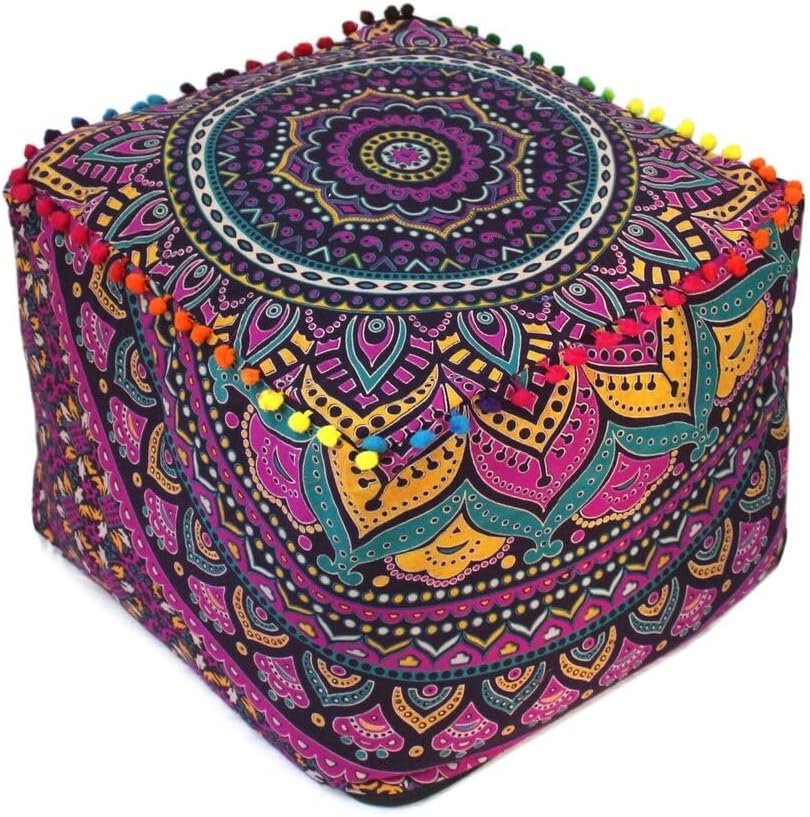 Indian Handmade Mandala | Square Ottoman Pouf Cover | Footstool Seating (Multi Ombre Mandala, 22x22x22)
