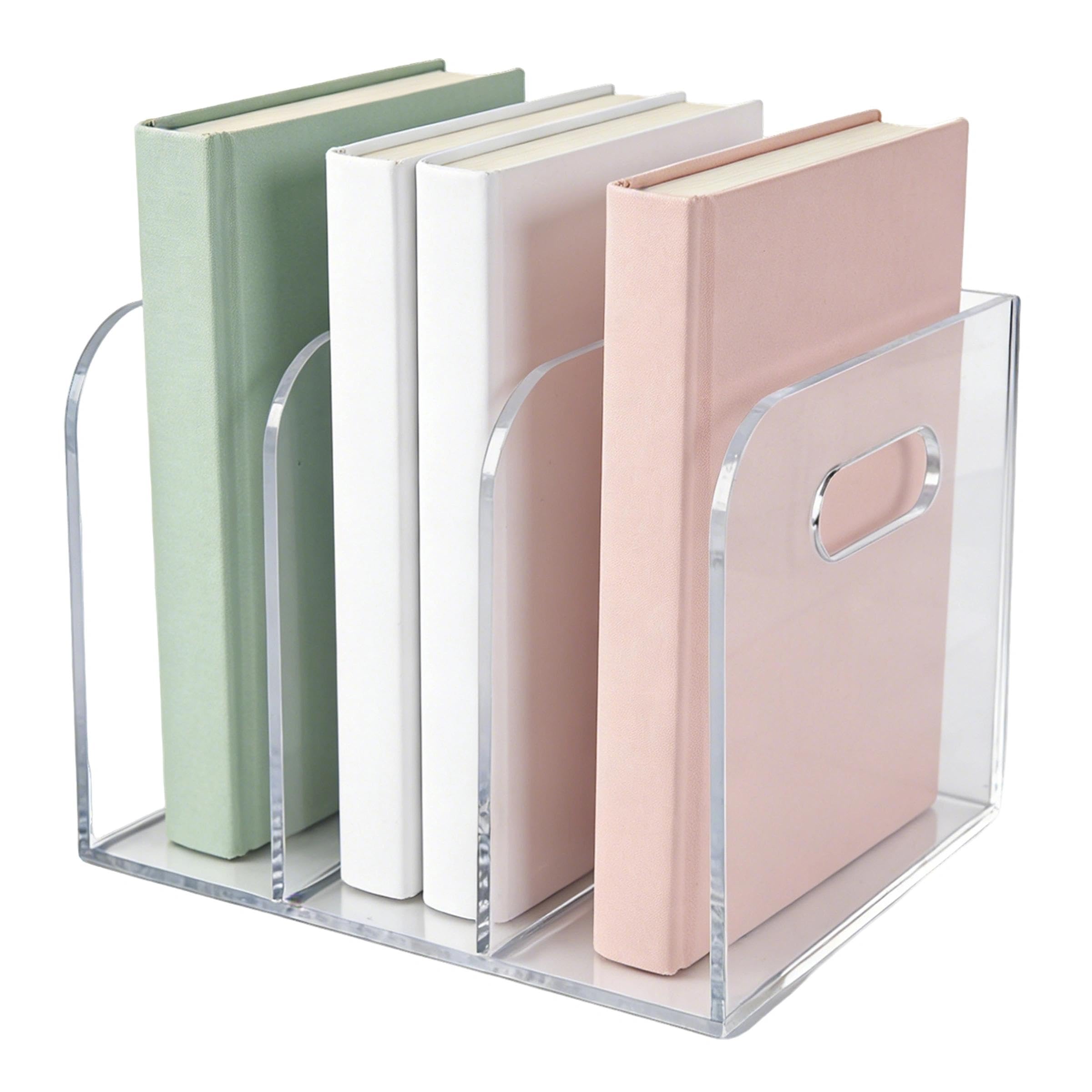 LUKDNEEY Acrylic Magazine File Holder, Desk Storage Organiser with 3 Vertical Compartments and Handle, Clear Book File Organiser for Office, Home, School