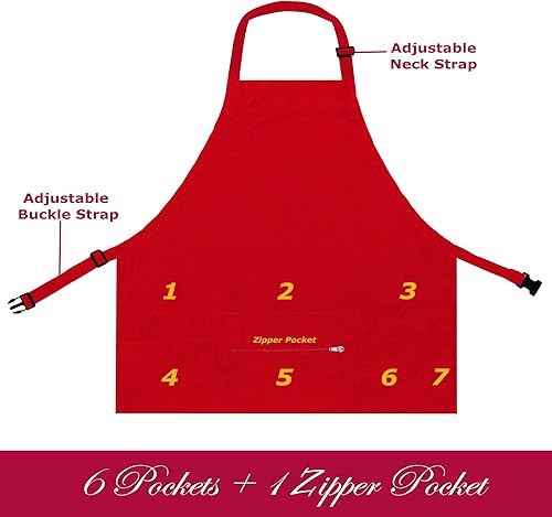 Miniatura 5 de TEXVIDA Delantales para mujeres y hombres con 7 bolsillos, bolsillo con cremallera, cierre de hebilla, servidor, camarera, estilista, delantal corto