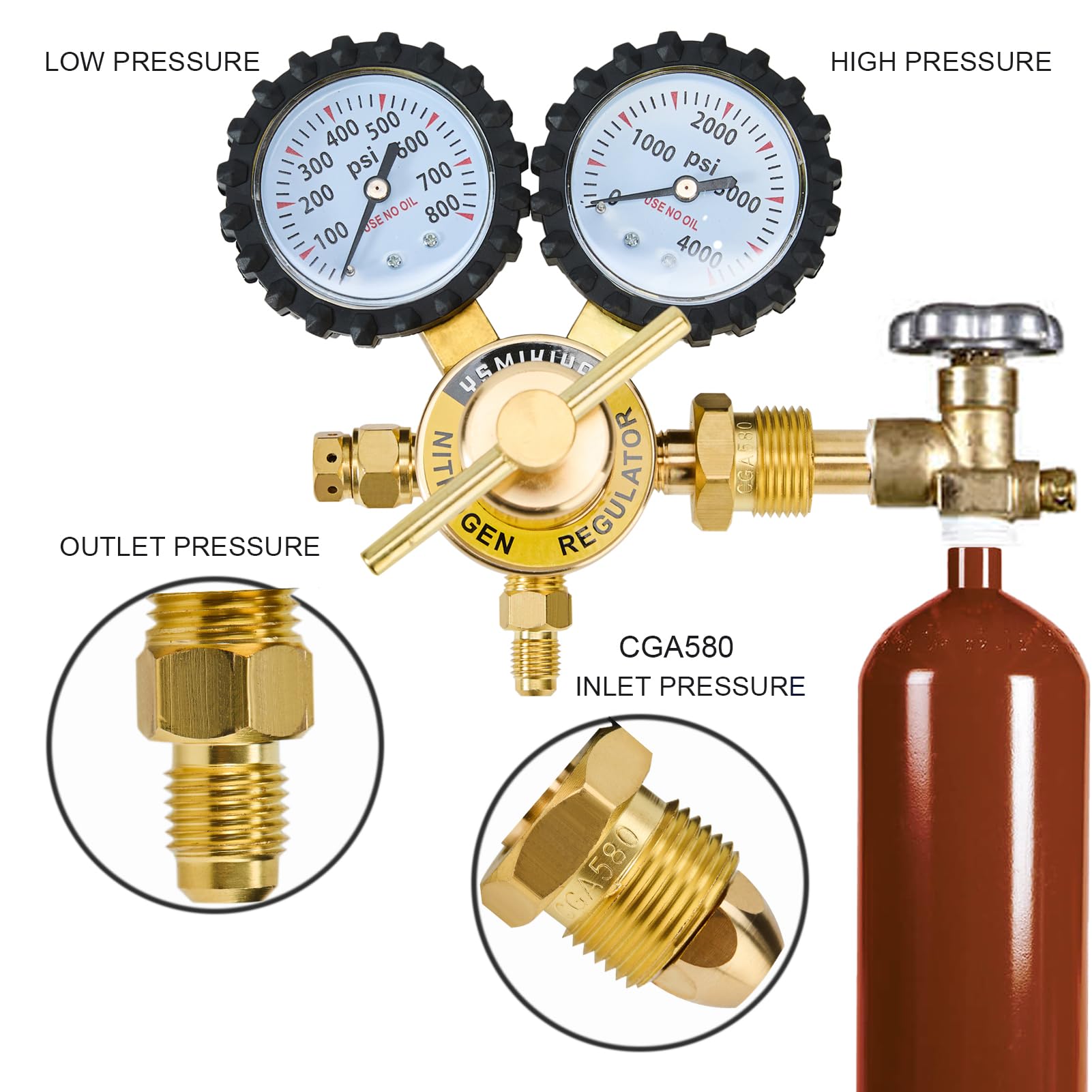 Hedday Nitrogen Regulator Kit With 60” Hose – 0-600 PSI & 0-4000 PSI Dual Gauges, CGA580 Inlet, 1/4” Male Flare Outlet, Heavy Duty Brass For HVAC, Refrigeration, Leak Testing