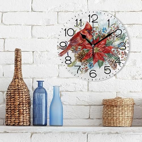 Miniatura 3 de Reloj de pared con diseño de flor de pascua de Navidad y pájaro de invierno, funciona con pilas, sin tictac, silencioso, de cuarzo, analógico,