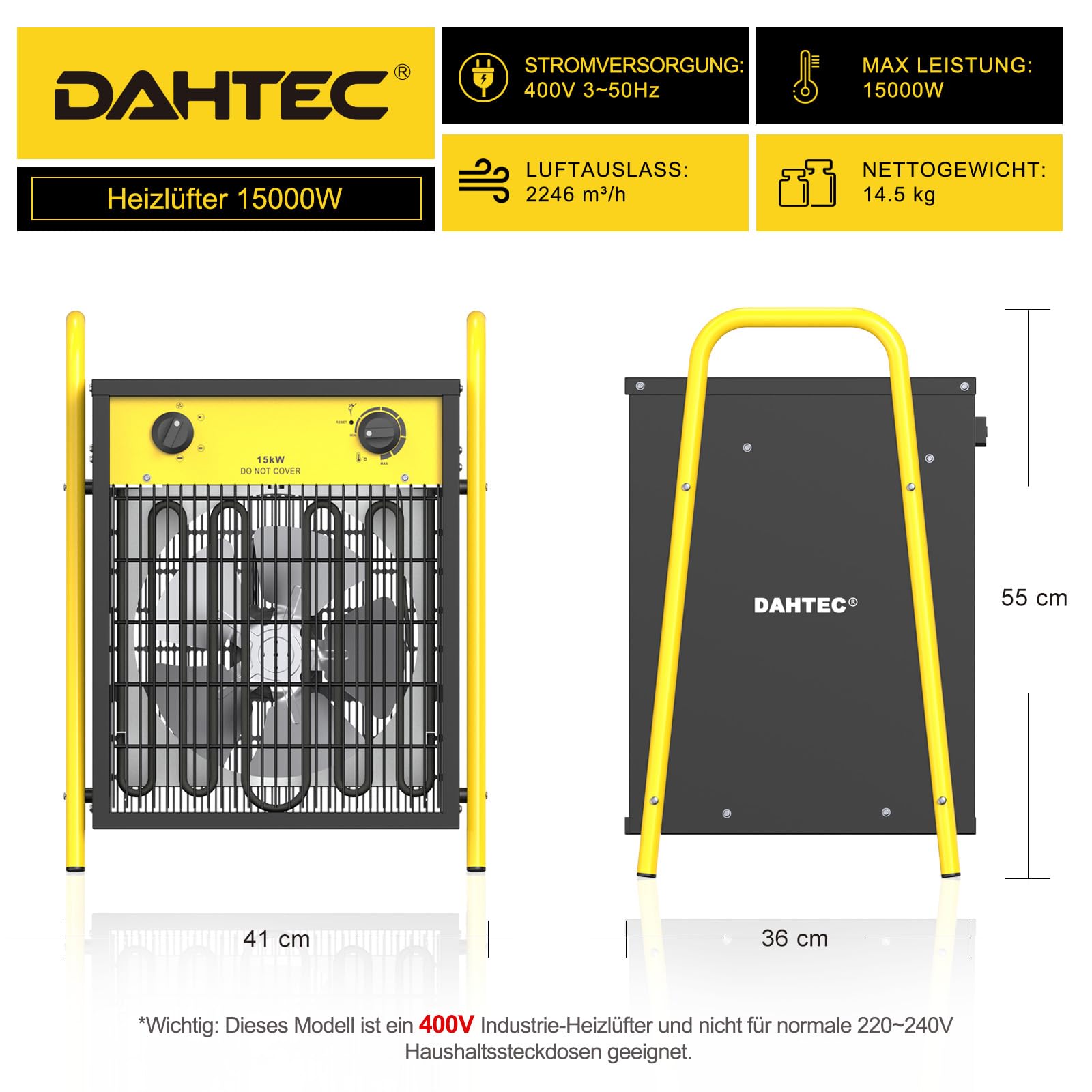 15 kW Elektro Heizlüfter Große Räume mit Thermostat & 3 Heizstufen | Bauheizer, 400v, IP24, Stahlgehäuse, Industriequalität, Heizstrahler, Elektroheizer, frostwächter, für Garage, Baustelle