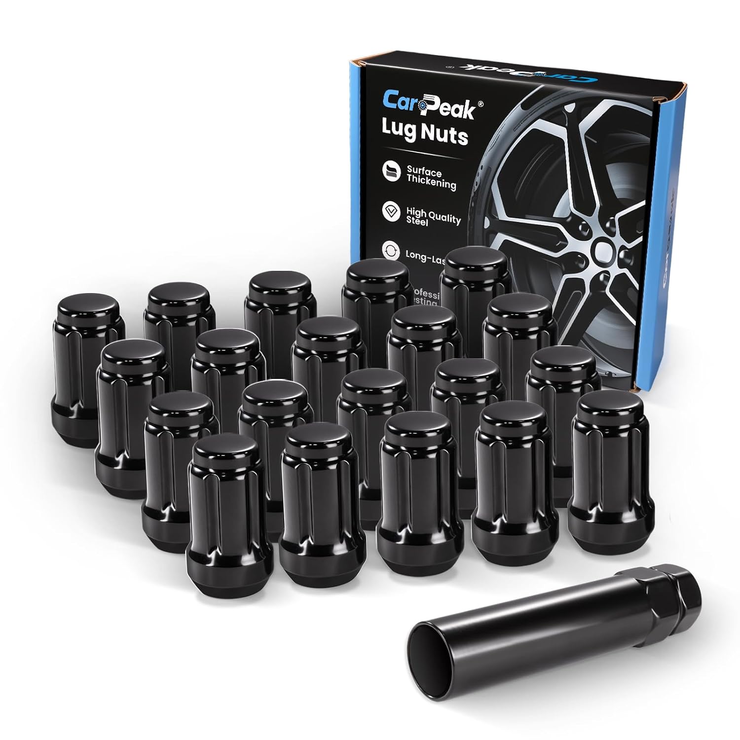 M14x1.5 Chrome Lug Nuts 24pcs Extended Silver for Silverado Sierra Ram 1500 F150, 1 Socket Key Compatible with Ford Chevy GMC 6 Lug Wheel Rim
