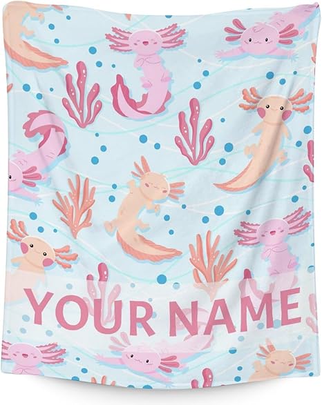 Girl Blanket - 40x50 Inches Personalized Cute Axolotl Throw - Light Blue Soft Fuzzy Blankets for Bed, Couch & Living Room
