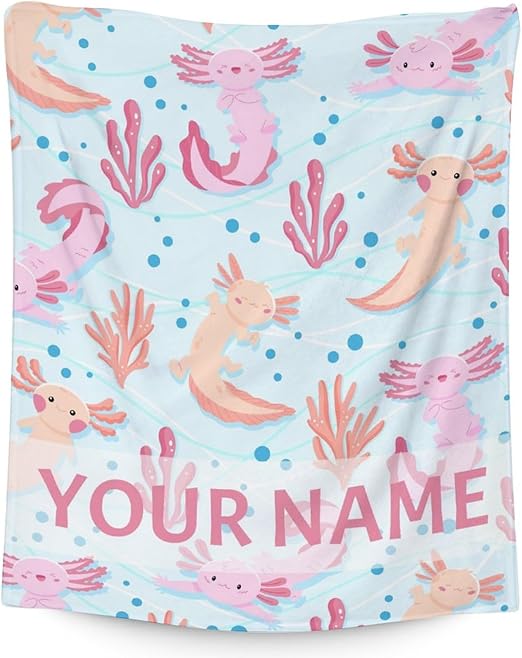 Girl Blanket - 40x50 Inches Personalized Cute Axolotl Throw - Light Blue Soft Fuzzy Blankets for Bed, Couch & Living Room