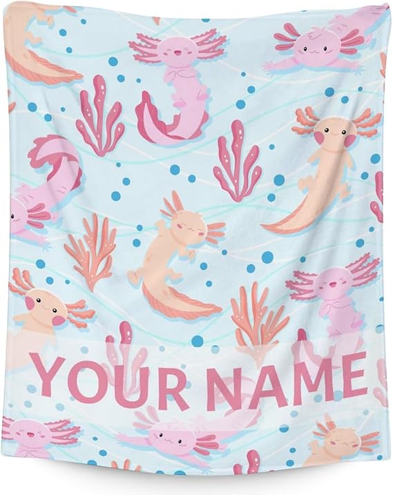 Girl Blanket - 40x50 Inches Personalized Cute Axolotl Throw - Light Blue Soft Fuzzy Blankets for Bed, Couch & Living Room