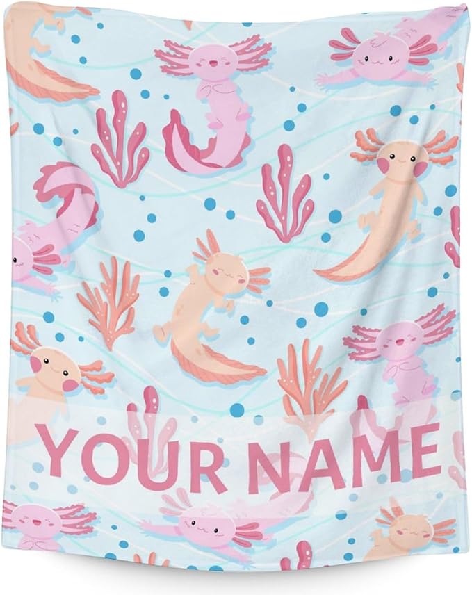 Girl Blanket - 40x50 Inches Personalized Cute Axolotl Throw - Light Blue Soft Fuzzy Blankets for Bed, Couch & Living Room
