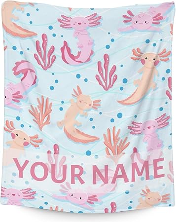 Girl Blanket - 40x50 Inches Personalized Cute Axolotl Throw - Light Blue Soft Fuzzy Blankets for Bed, Couch & Living Room