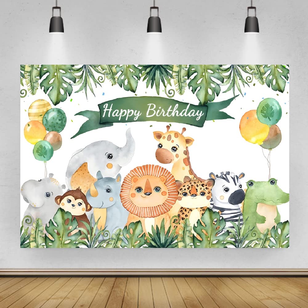 Bovlleetd 7x5ft Happy Birthday Background Cute Lion Elephant Monkey Rhino Birthday Party Decoration Banner Baby Shower Backdrop Animal Botanical Photography Background for Photo Booth Props