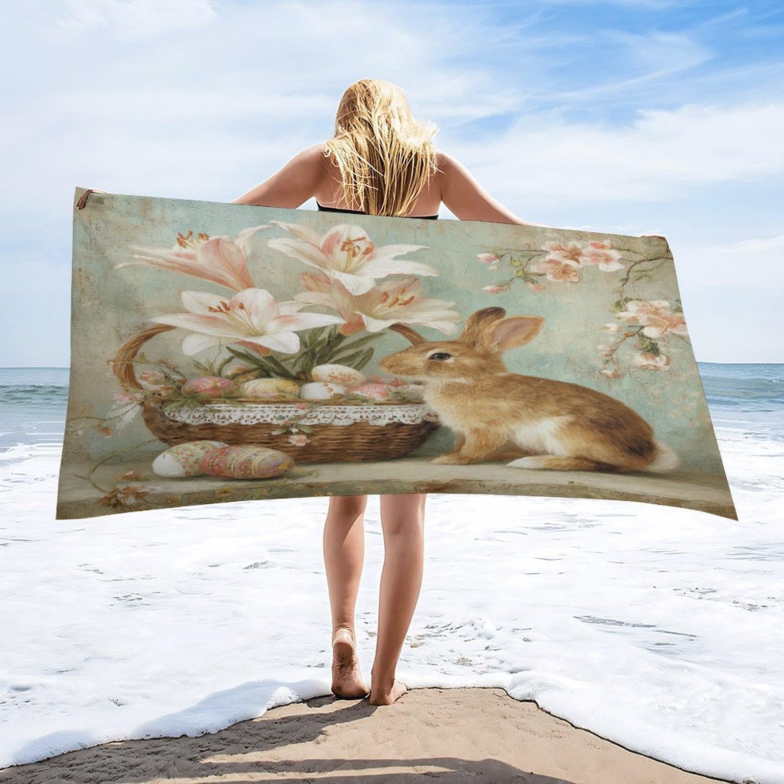 Luyysky Classic Realistic Cute Bunny Absorbent Beach Towel, Retro Oil Painting Easter Animal Rabbit Plant Lilies Colorful Eggs Outdoor Single-Sided Velvet Beach Towel-80 W Cm X 160" L Cm