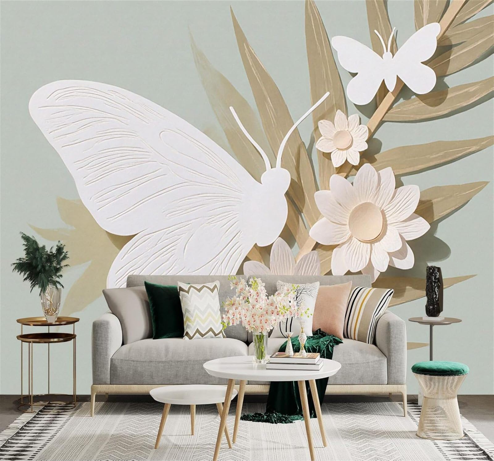 XLMING Minimalist Three Dimensional White Butterfly Flowers Leaves 3D Wallpaper Silky Texture Home Study Office Grey Dining Room Sofa Bedroom Living Room TV Backdrop-300cm×210cm