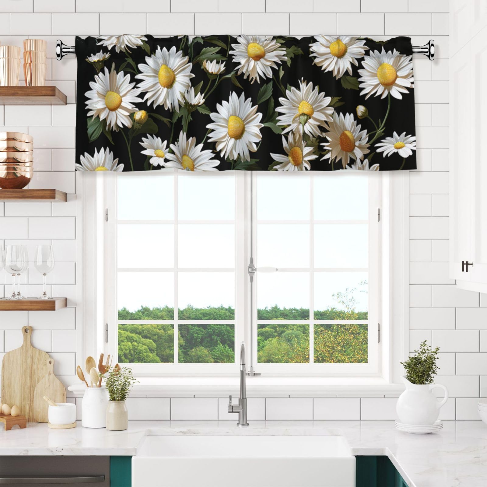 NONHAI Daisy Valances for Windows Short Curtains Rod Pocket Cafe Window Treatments Valance Curtains for Kitchen Bathroom Laundry Basement Windows 54x18inch Blackout Window Valance
