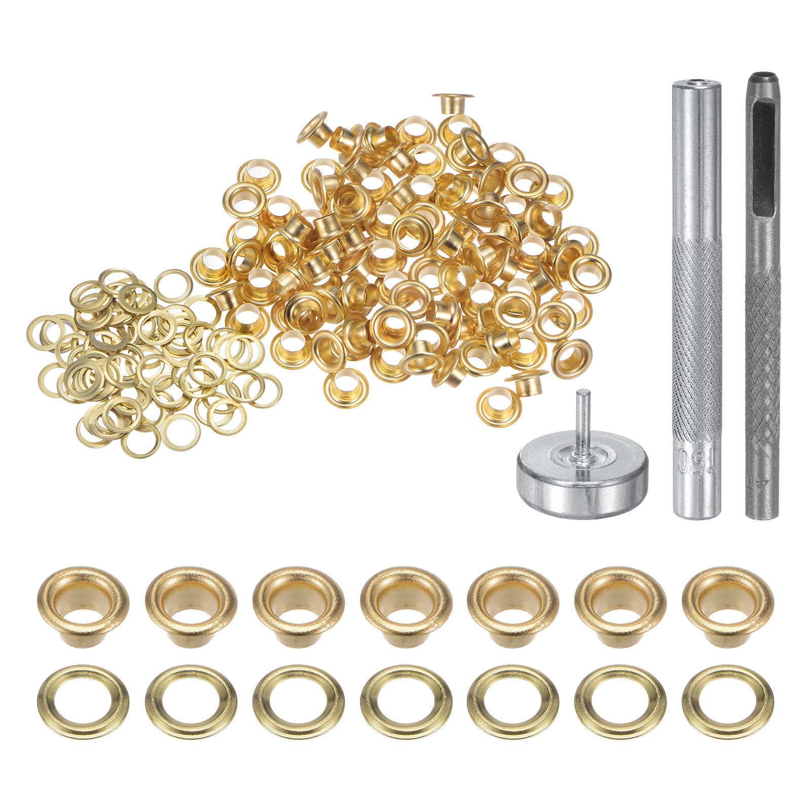 QUARKZMAN Kit de Herramientas de 100 Piezas de Ojales de Cobre de 4 mm con Punzón Hueco, Herramientas de Instalación de Ojales para Ropa, Cuero, Tela, Cinturones, Tono Dorado