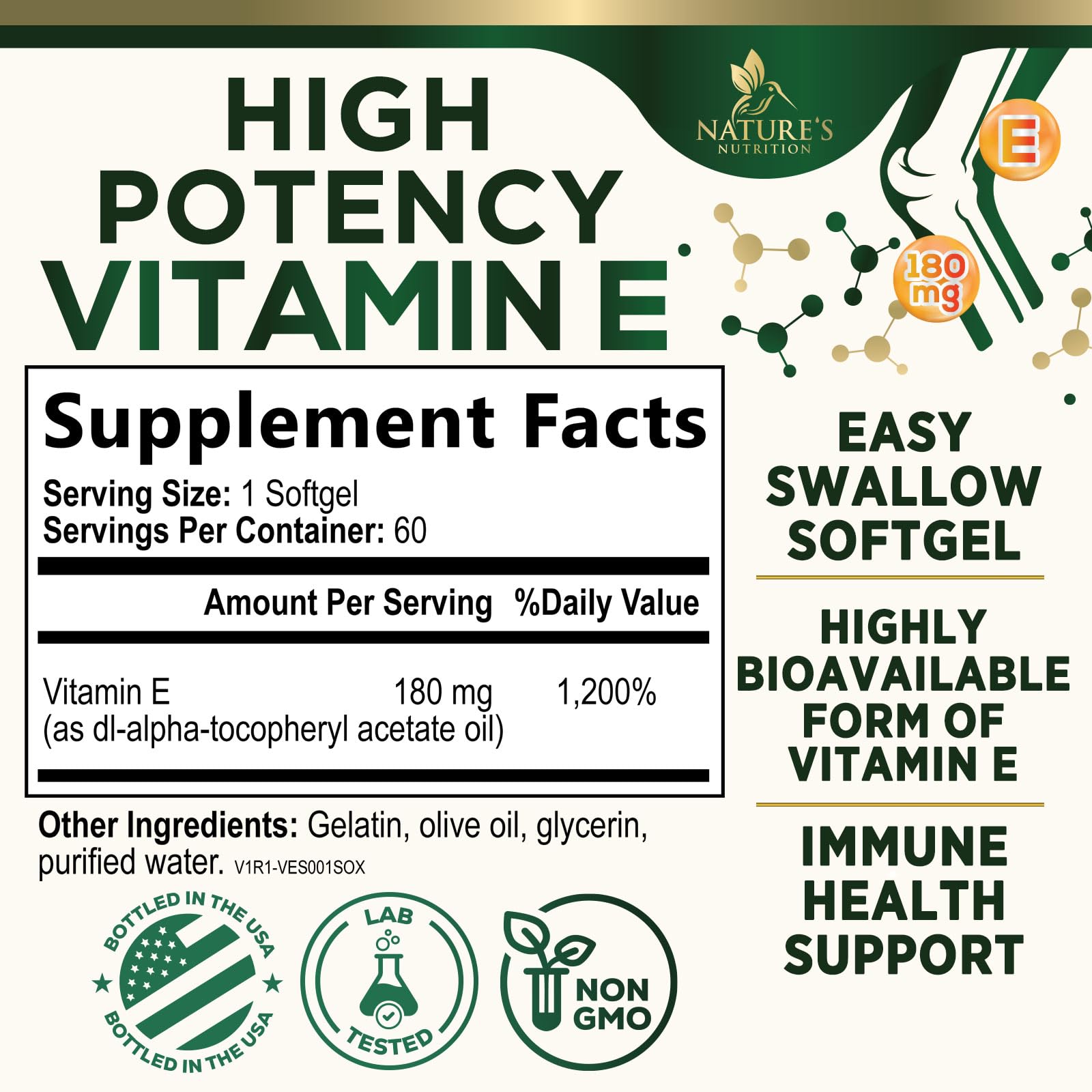 Vitamin E 180mg Per Serving - E Vitamins DL-Alpha, Antioxidant-Rich Dietary Supplement for Skin, Heart, and Immune Support, USA Bottled, Easily Absorbed, Non-GMO & Gluten Free - 60 Softgels — Amazon image 2