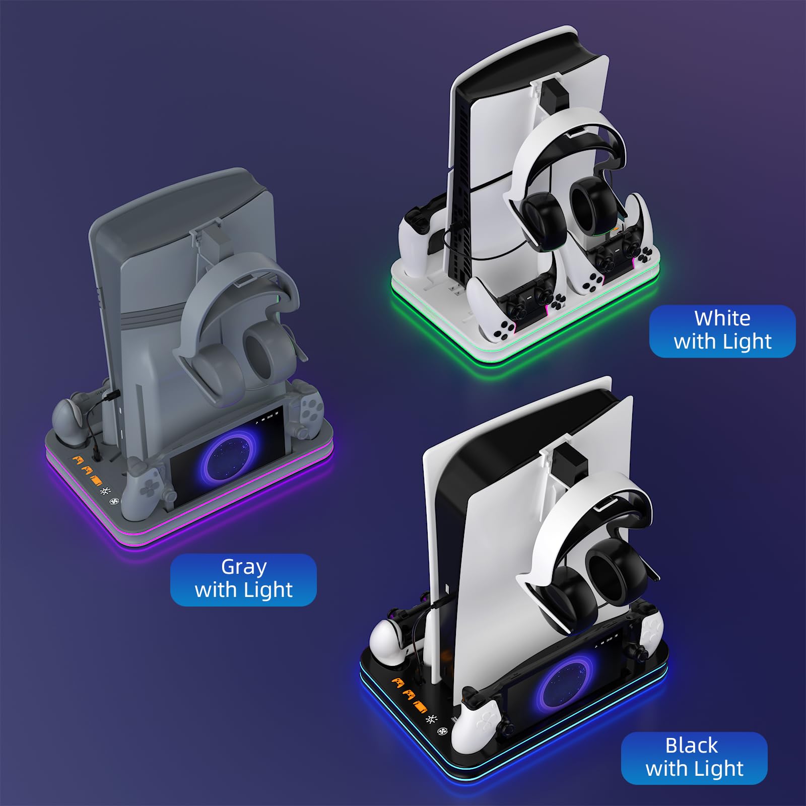 Soporte y estación de refrigeración para PS5/PS5 Slim/PS5 Pro con controlador LED RGB, accesorios de base de carga, cargador para controlador PlayStation 5 y auriculares de consola PS Portal y