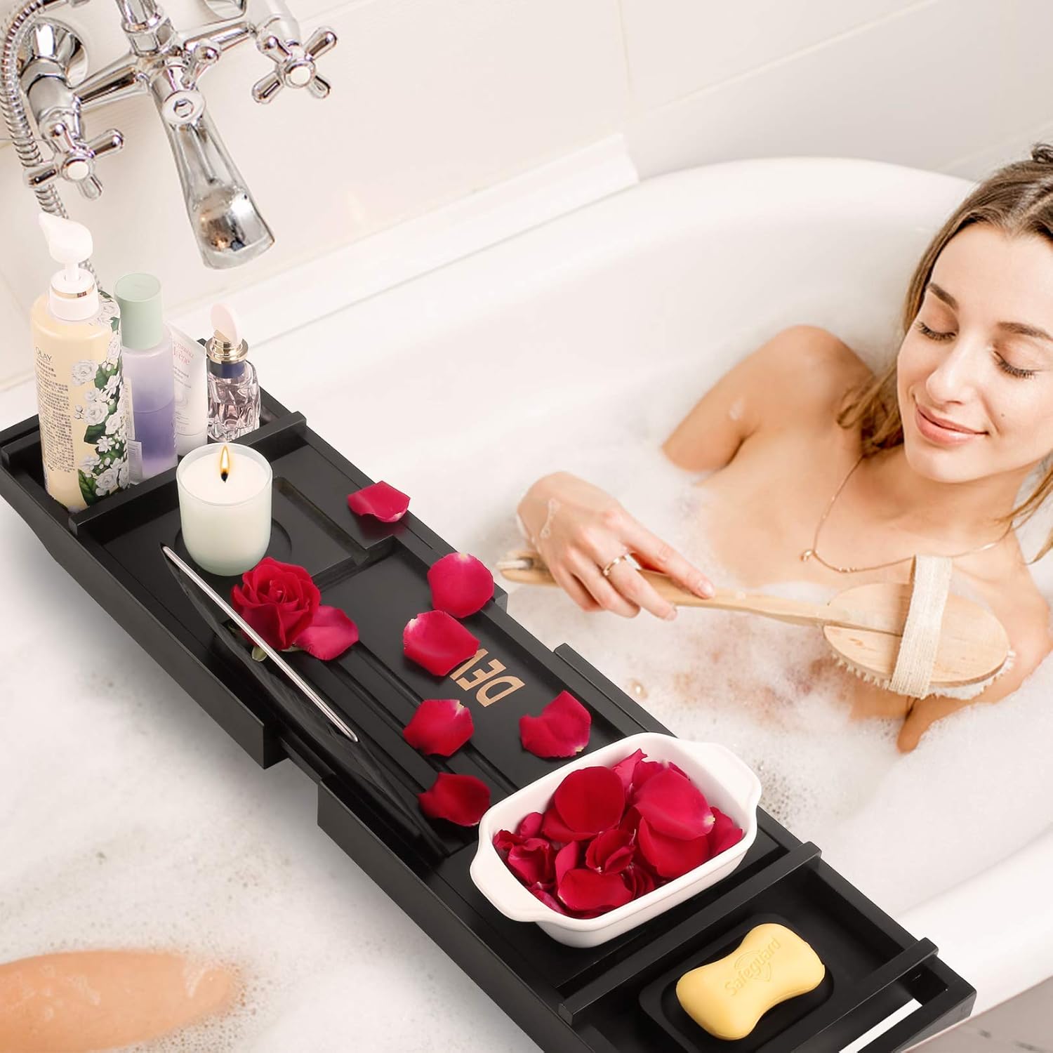 DEVO Bathtub Caddy Tray Adjustable Bamboo Wooden Bath Organizer Tray for Tub with Extending Sides, Book and Wine Holder, One or Two Person Luxury Spa or Reading, Bonus Free Soap Holder : Home & Kitchen
