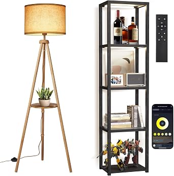OUTON Wood Tripod Floor Lamp with Shelves and 67" Glass Display Shelf with Dimmable LED Floor Lamp