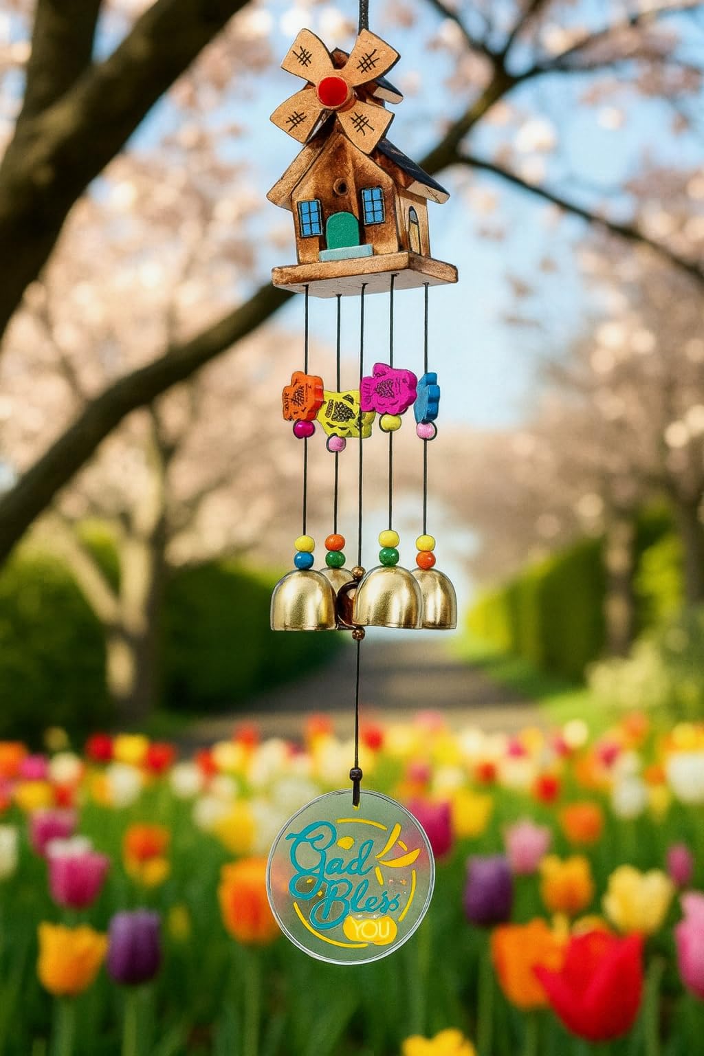 “Paradigm Pictures ‘God Bless You’ Wind Chime for Home Decoration | Wooden House Hanging Bell Chime | Ideal Birthday & Diwali Gift | Good Luck Hanging for Balcony, Living Room & Garden Décor”