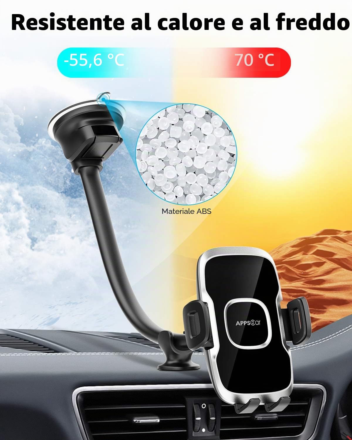 APPS2Car Supporto per telefono per parabrezza auto, braccio lungo flessibile da 13 pollici con collo d'oca, base di aspirazione per telefono e cruscotto per furgoni e camion