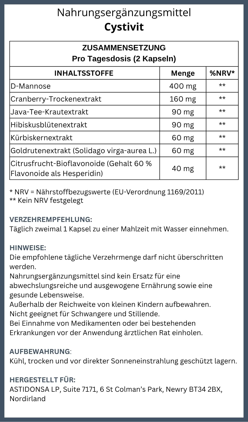 CYSTIVIT Integratore Alimentare – 60 Capsule – con D-Mannosio, Estratto di Mirtillo Rosso e Piante – Per Adulti – Prodotto nell’UE (1)