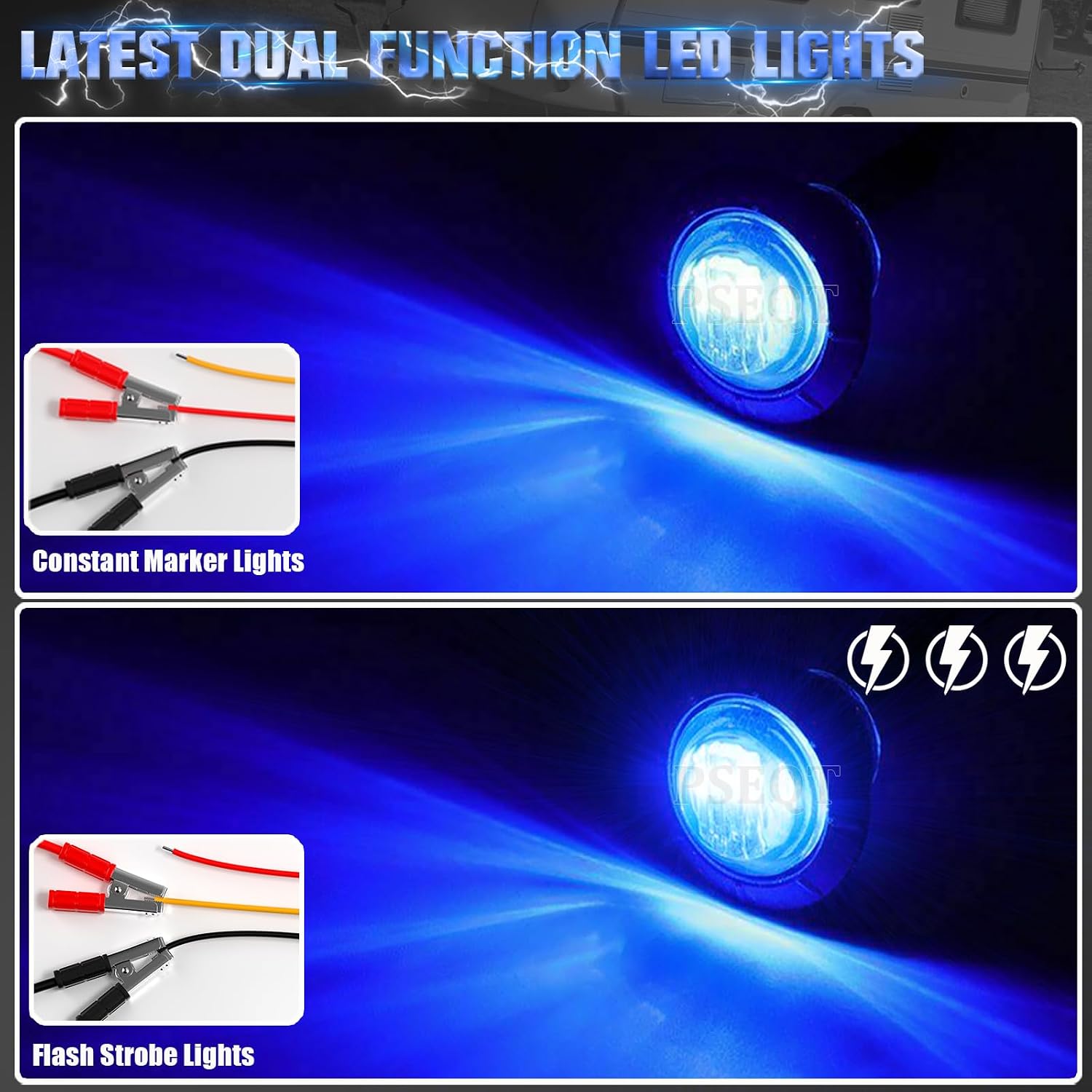 PSEQT 20Pcs 3/4" Strobe Flash+Steady Marker Lights Dual Function Blue LED Trailer Side Clearance Tail Round Lights 12V Bumper Grille Warning Waterproof Lamp for Trailer Truck Bus ATV UTV Van RV