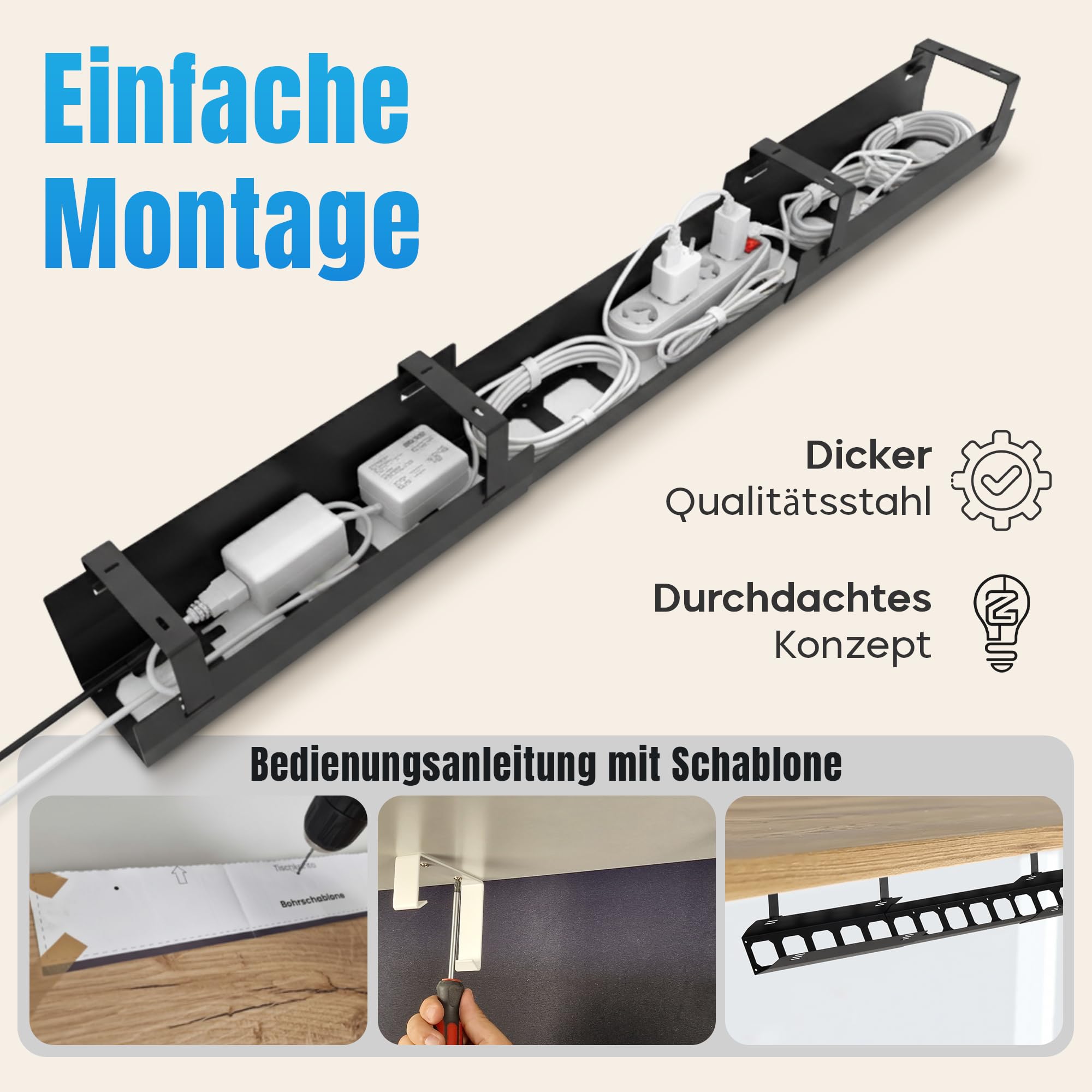 2GOODz Kabelwanne für Schreibtische, geneigt, ausziehbar 84-122 cm, legierter Stahl