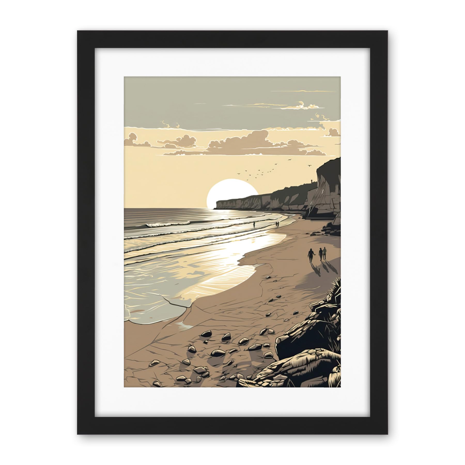 Artery8 Sunrise Walk on Filey Beach Coastal Illustration Artwork Framed Wall Art Print 18X24 Inch