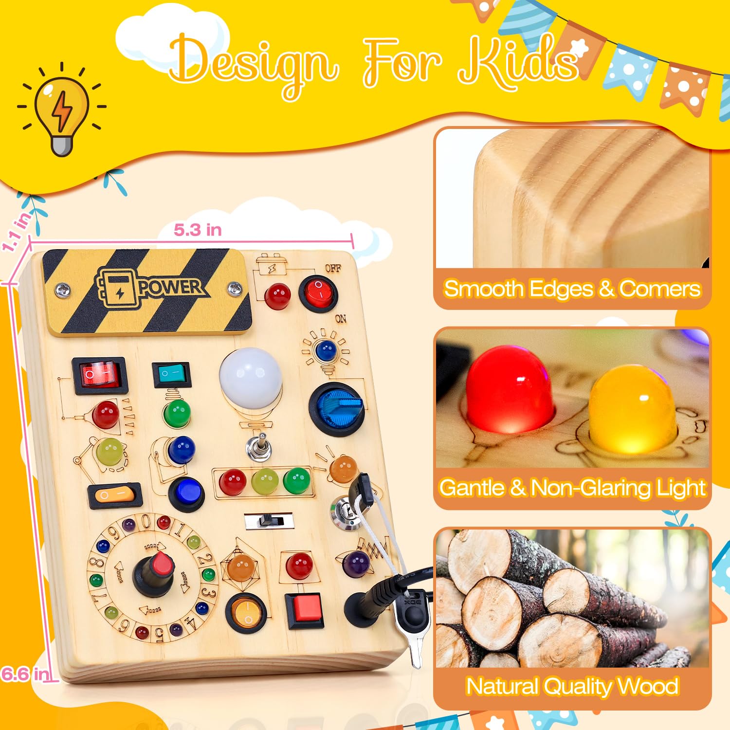 Busy Board Toddler Toys Montessori Toys for 1-3 Year Old Boy Girl Birthday Gift for Grandkids, 37 in 1 LED Light Up Sensory Wooden Montessori Switch Board Toy - Learn and Travel (6.7 x 5.3) 3