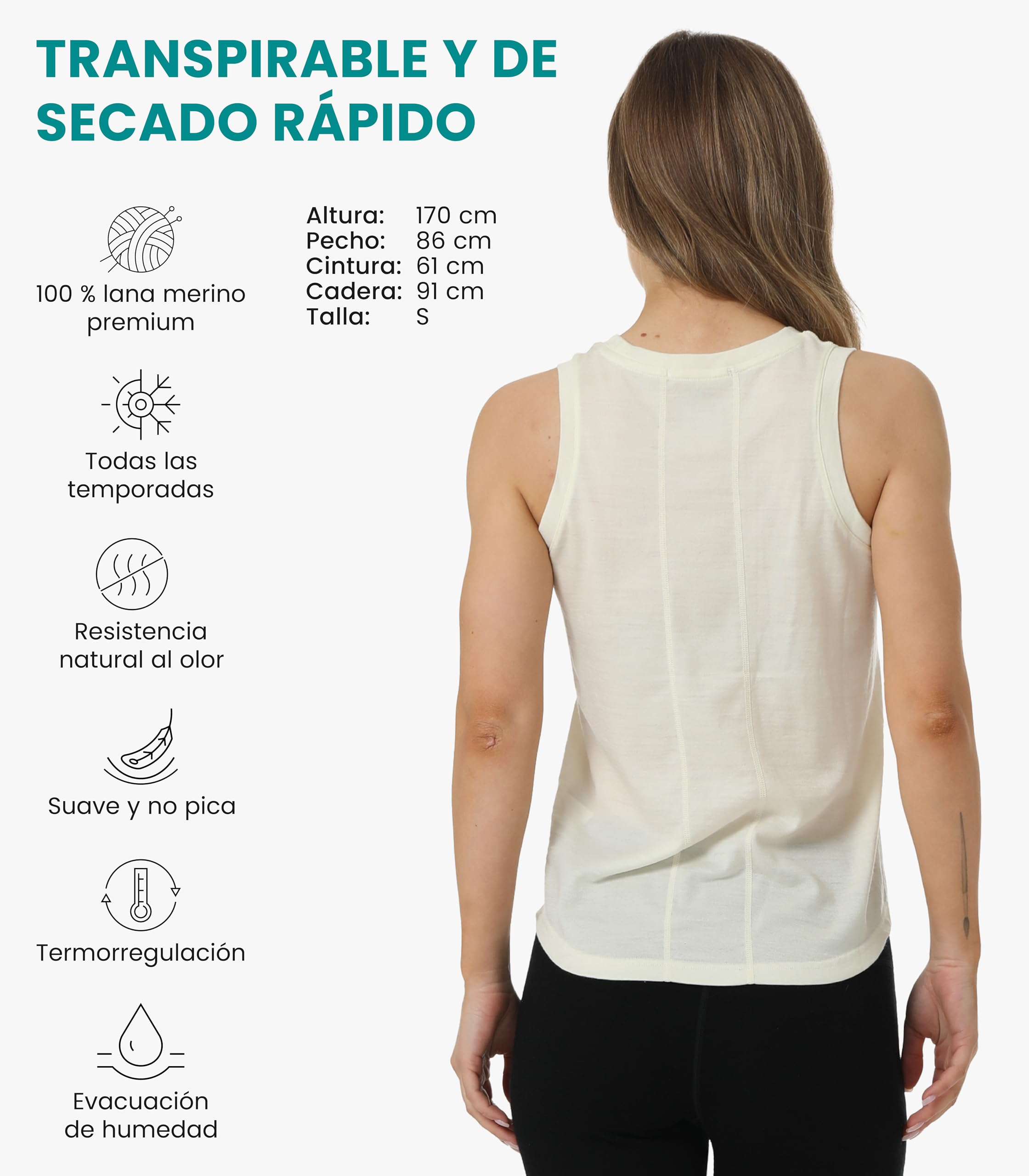 Camiseta Tirantes Mujer Lana Merino - Camiseta Interior Lana Merino Mujer Activa Capa Base, Evacuación de Humedad