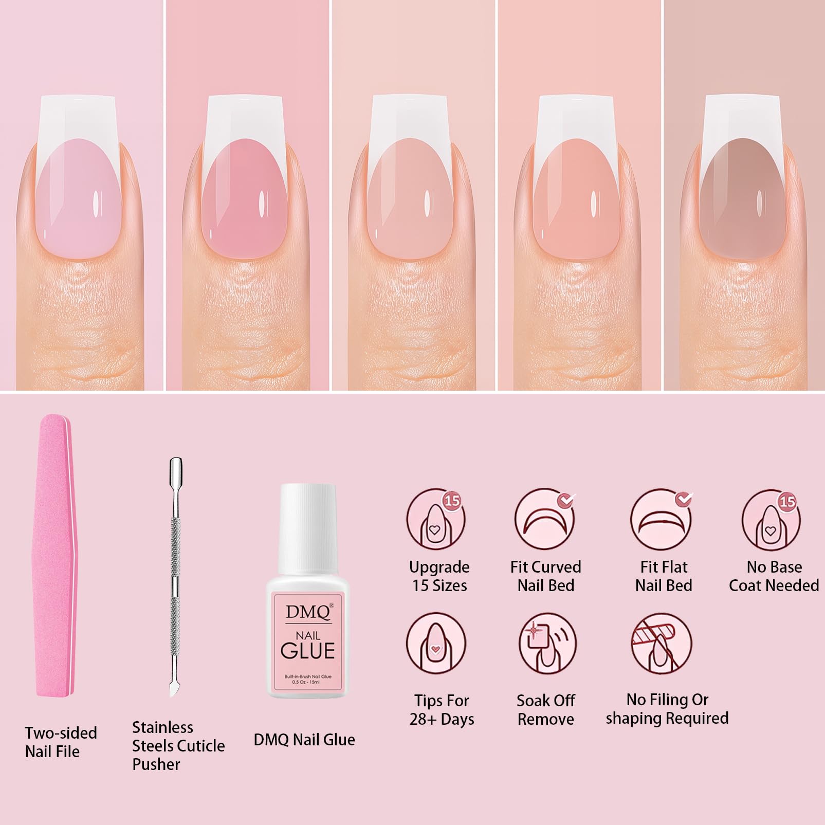 150Pcs French False Nails Kit, Medium Square Fake Nails, 15 Size Nude Pink Coffin Press on Nail - Image 2