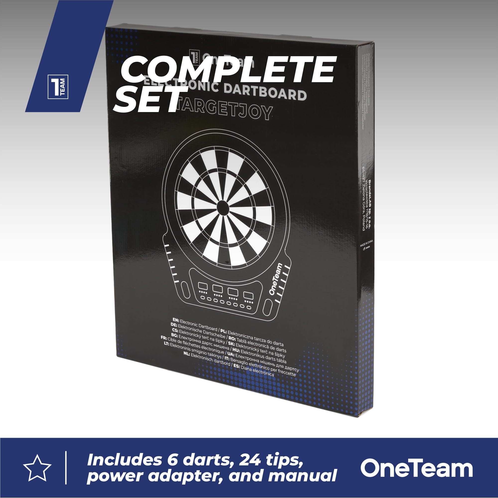 OneTeam TargetJoy Bersaglio elettronico da 35 cm, 27 giochi/243 varianti, 4 indicatori LED, 16 giocatori, funzionamento a rete/batteria, 24 punte per freccette, Master in/out, modalità audio