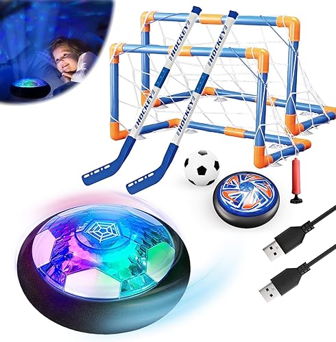 Binggle Pelotas de hockey de fútbol Hover 3 en 1 para niños, juego de juguetes flotantes con 2 objetivos, luz LED recargable por USB, pelota