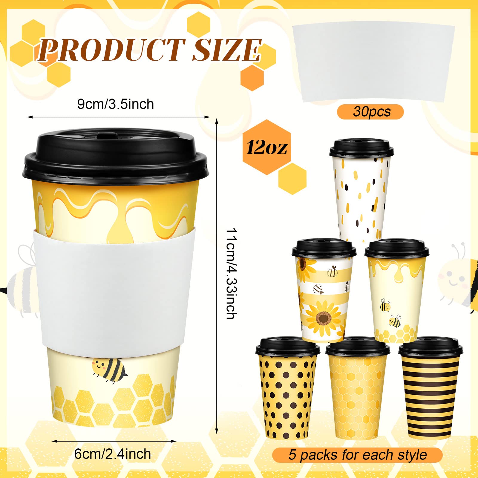 90 Pieces Bumblebee Paper Coffee Cups Disposable Bee Cups with Lids and ...