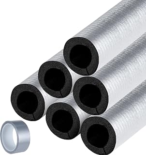 6 Pcs Pipe Insulation Foam Tube 1 Inch by 3 ft Pre Slit Self Adhesive Pipe Wrap Foam Tubing with Aluminum Foil and PVC Tape High Density Rubber Water Pipe Cover for Spigot, Winter Outdoor Pipes