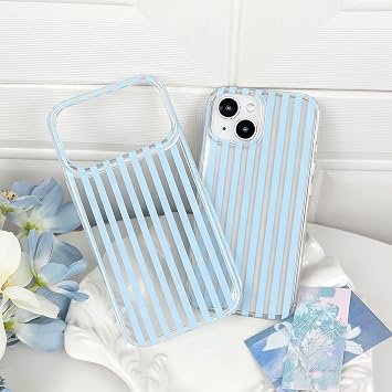 iPhone 17 Pro Max対応 ケース クリア キュート ストライプ 美的デザイン 女性 ティーン ガールズ シンプル レトロ キュート 電話 保護カバー - ブルー